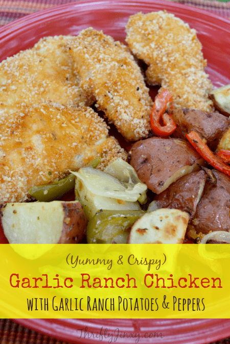 Crispy-Garlic-Ranch-Chicken-Recipe-with-Garlic-Ranch-Potatoes-and-Peppers from Thrifty Jinxy