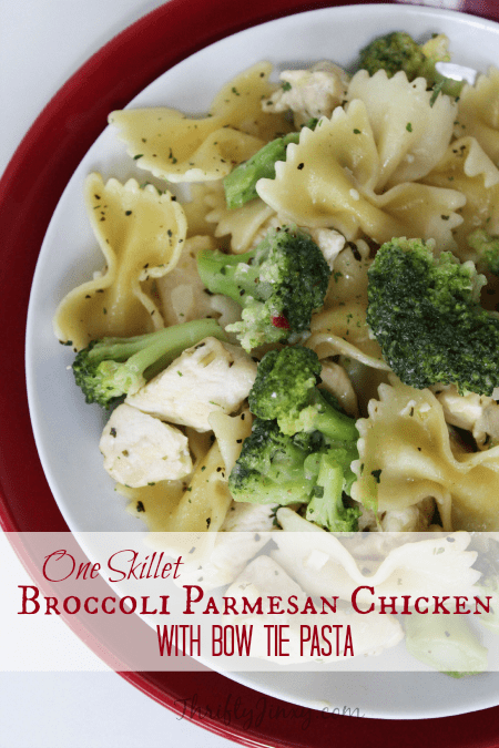 One-Skillet-Broccoli-Parmesan-Chicken-with-Bow-Tie-Pasta-Recipe from Thrifty Jinxy