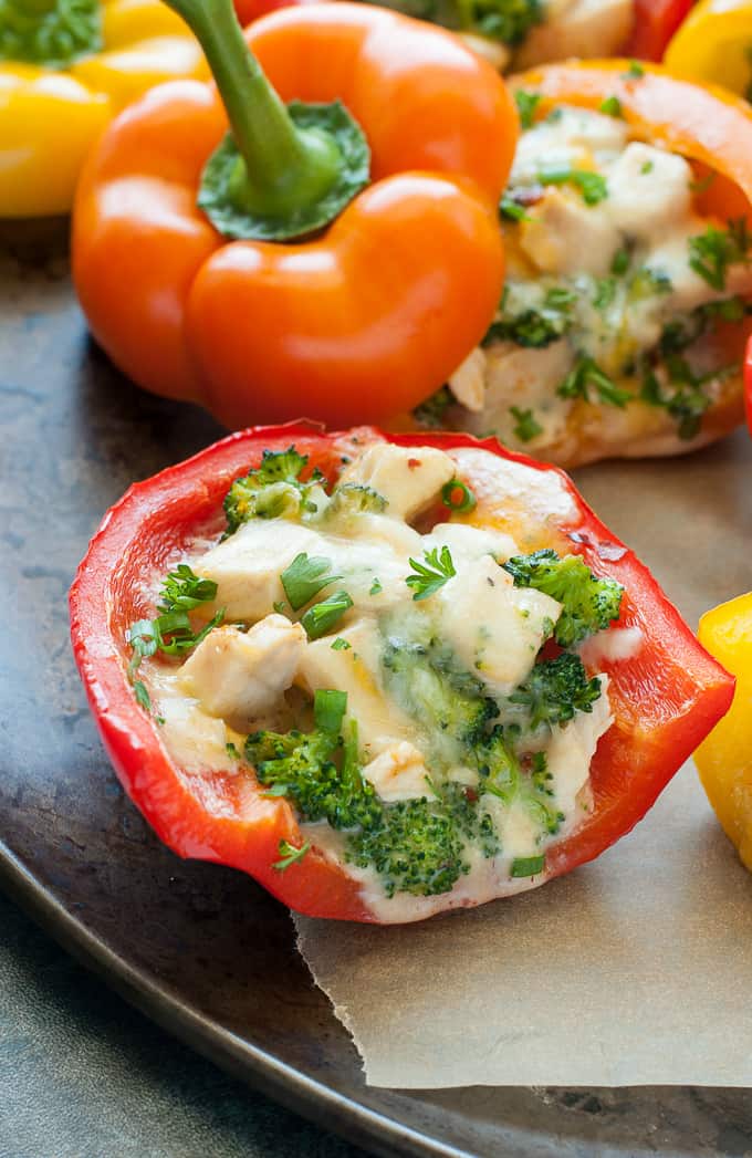cheesy-chicken-and-broccoli-stuffed-peppers-recipe from Peas and Crayons