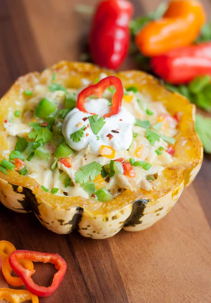 cheesy-chicken-enchilada-stuffed-squash-with-peppers-recipe-from Peas and Crayons