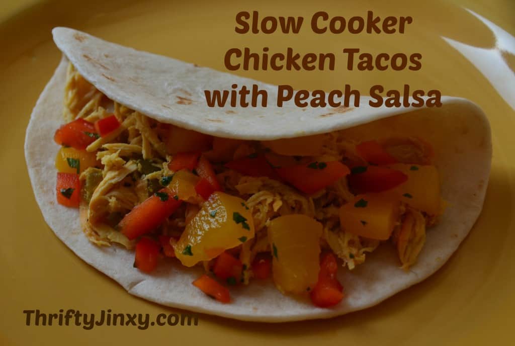 slow-cooker-chicken-tacos with peach salsa from Thrifty Jinxy