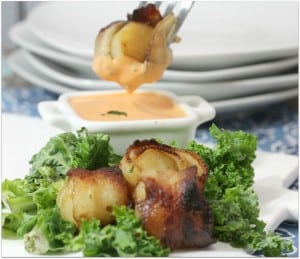 Broiled Bacon Wrapped Scallops with Spicy Dipping Sauce from Kelly Stilwell