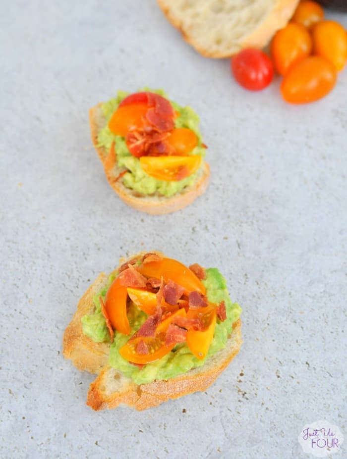bacon-avocado-tomato-crostini from Just Us Four Blog